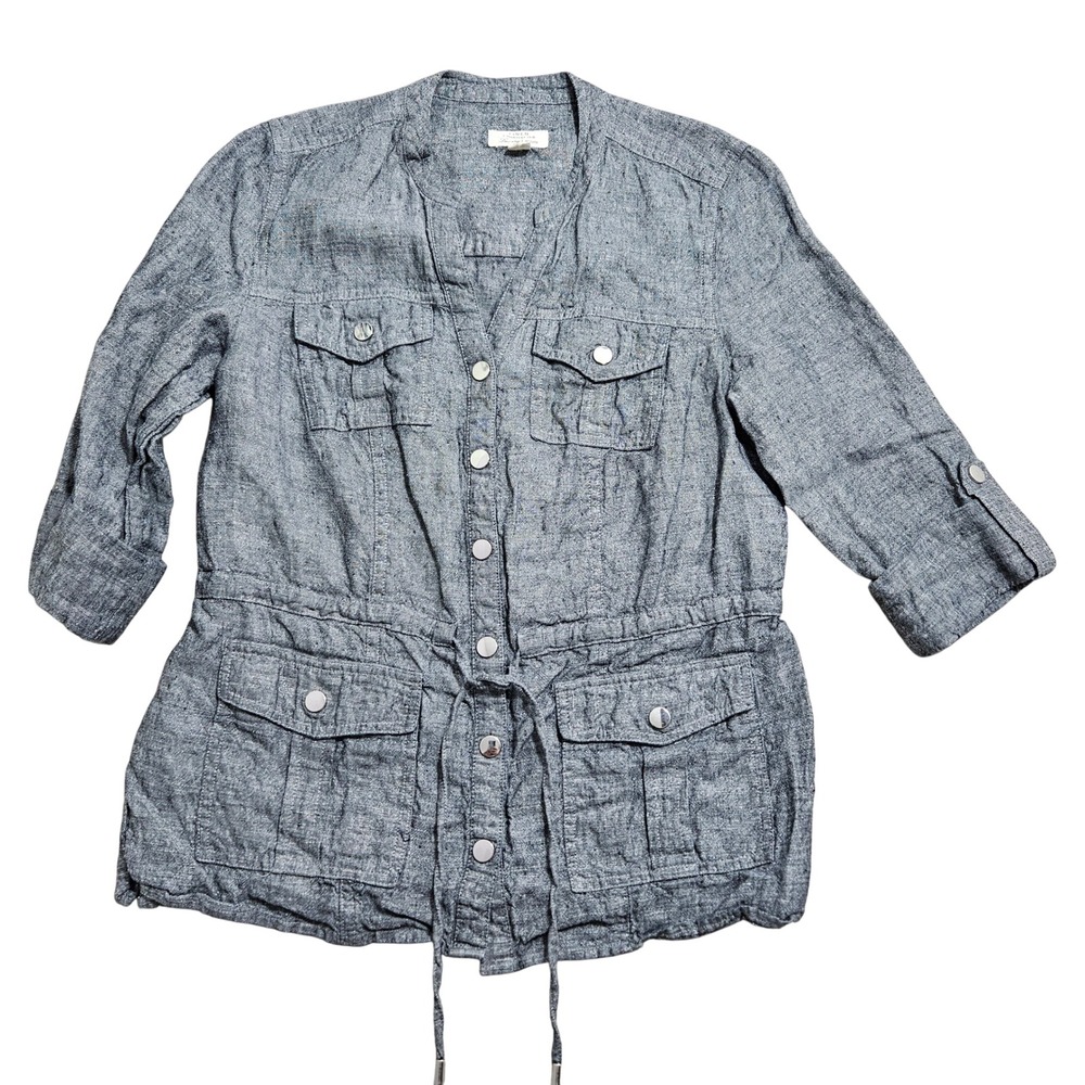Charter Club Utility Jacket Petite PS Grey Linen Drawstring Waist Safari Coat
